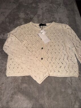 Zara Cream Open-Weave Button Front Cardigan
